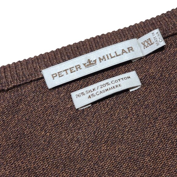 Peter Millar Mens Brown V-Neck Sweater XL Silk Cotton Cashmere Soft Luxury‎ Knit - Picture 2 of 9